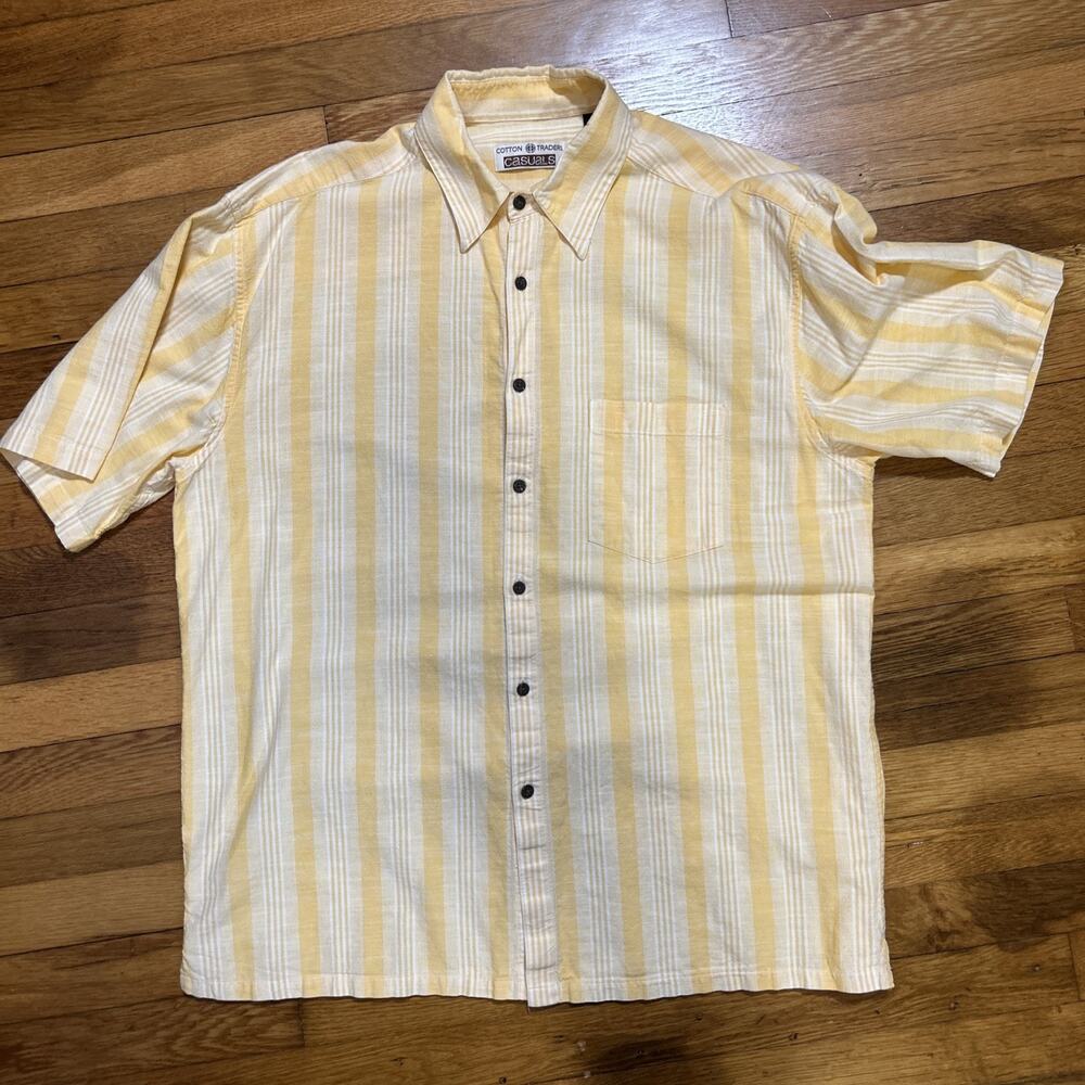 COTTON TRADERS CASUAL Men's Sz XL Short Sleeve Button Down Shirt Yellow & White